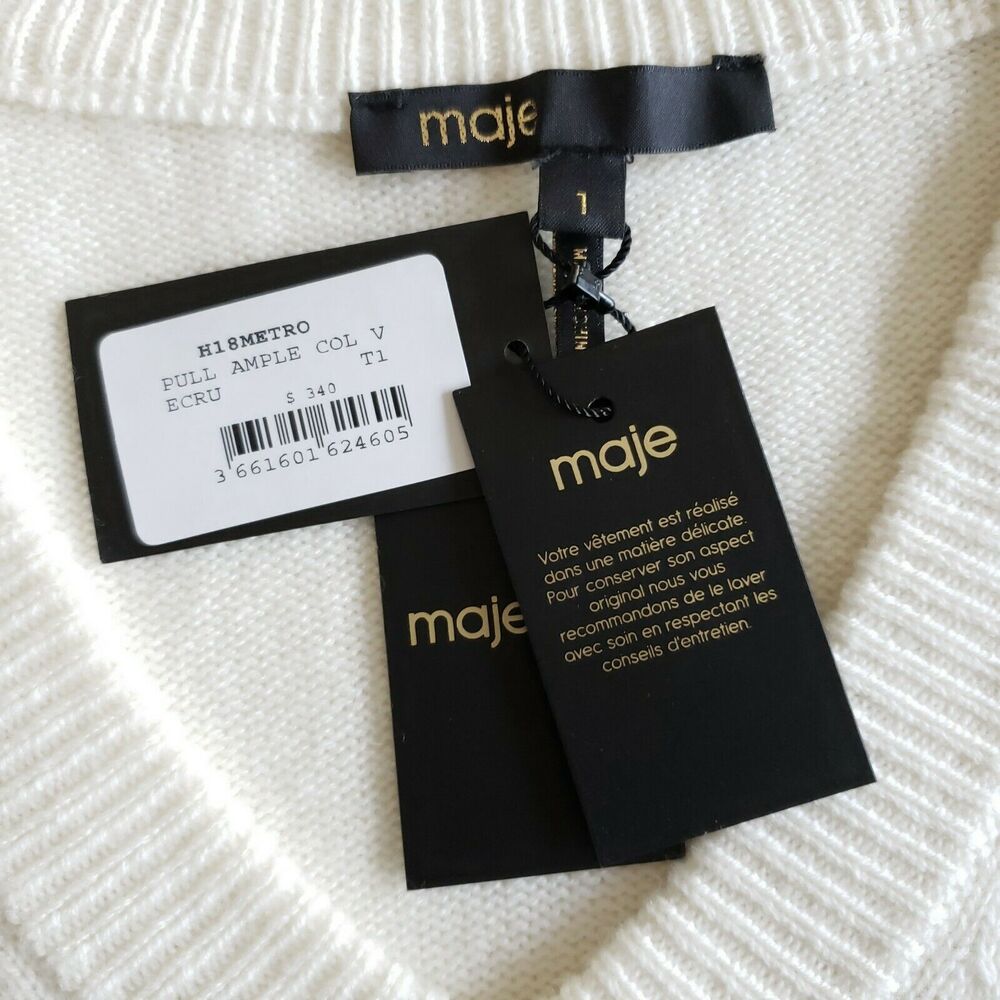 MAJE Metro wool blend vneck knit pullover classic basic sweater ivory Sz 1 S NEW - Picture 5 of 7